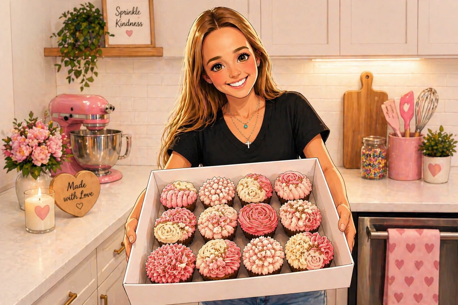 Zoe holding a box of freshly baked pink cupcakes from It's Zo Delicious